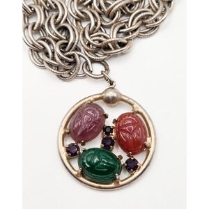 Vintage Egyptian Revival Scarab Pendant Necklace Double Link Chain